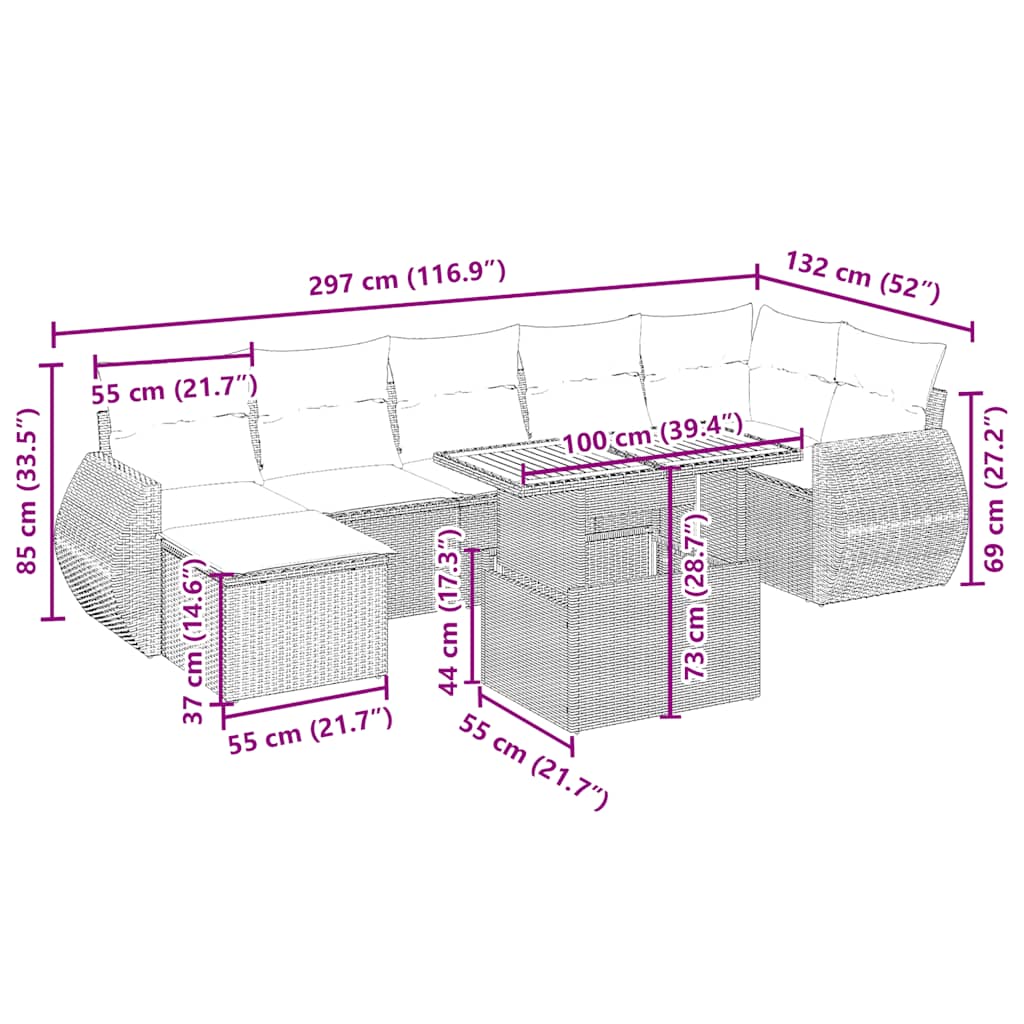 vidaXL 8-delige Loungeset met kussens poly rattan zwart