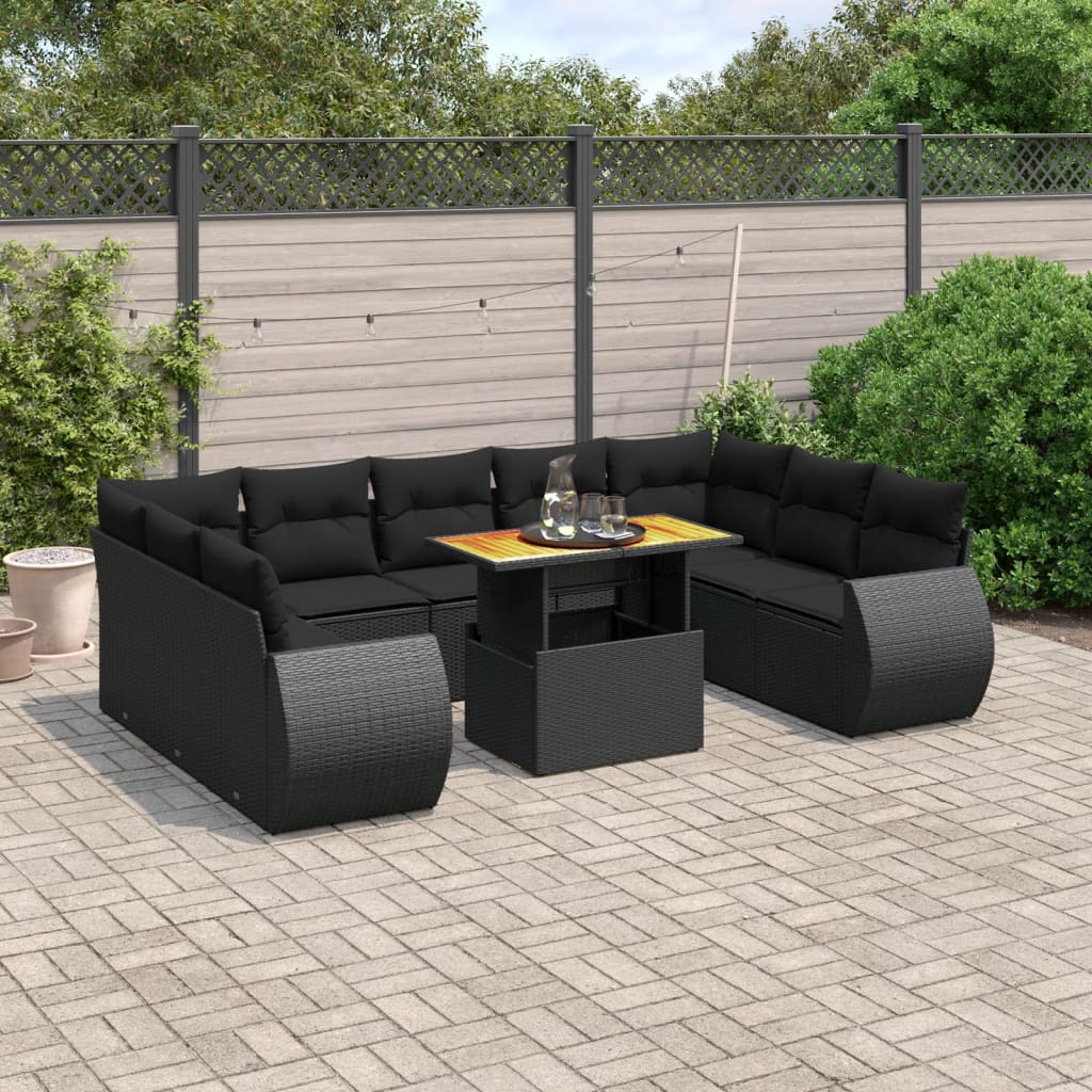 vidaXL 10-Piece Lounge Set with Cushions Poly Rattan Black