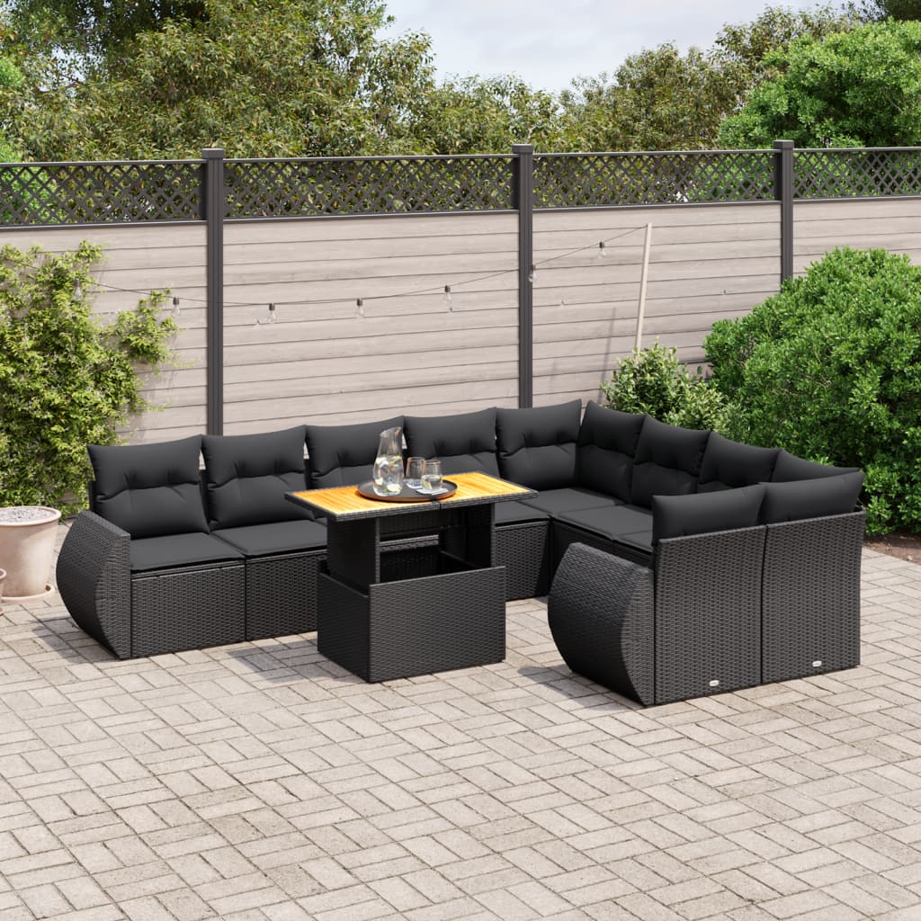 vidaXL 10-Piece Lounge Set with Cushions Poly Rattan Black