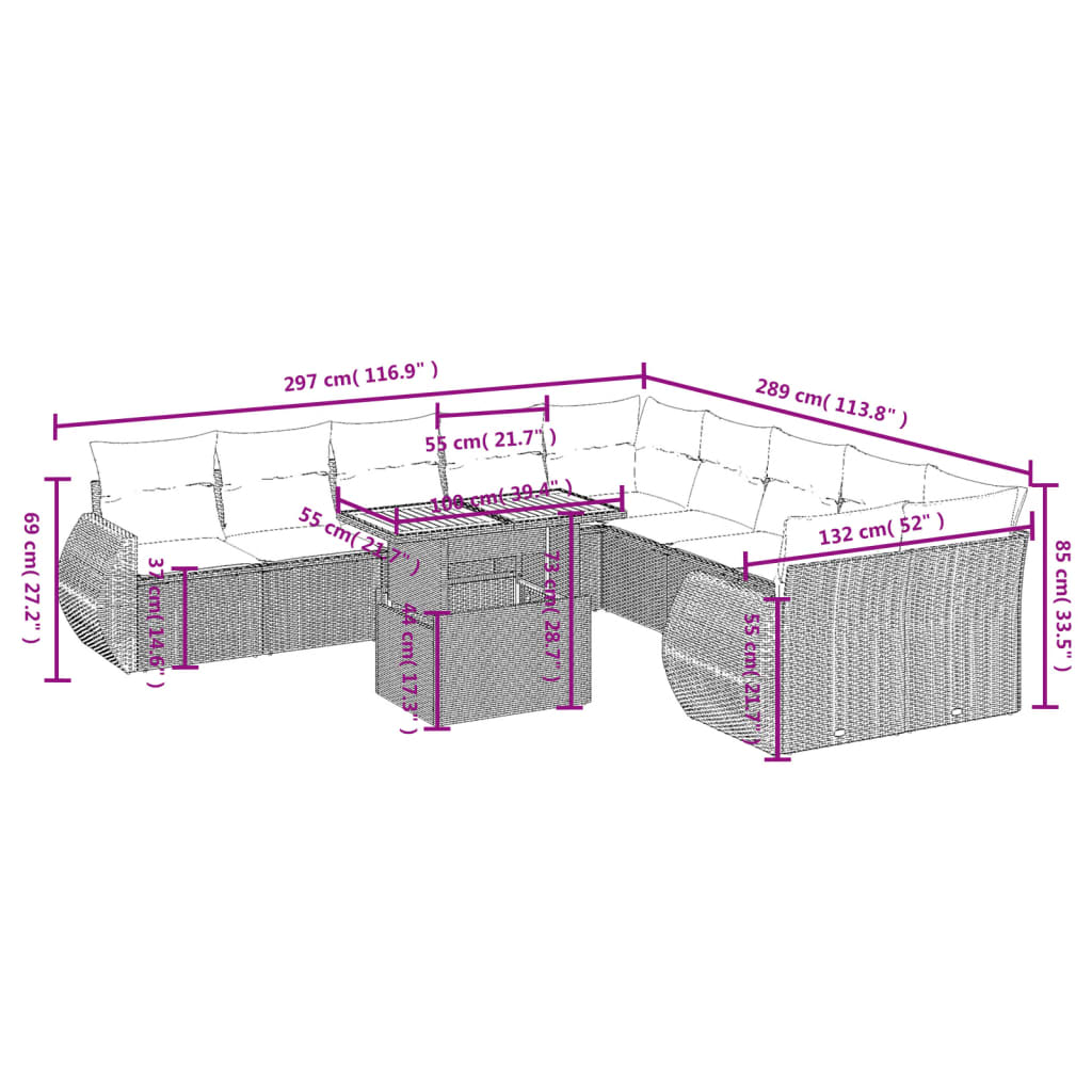 vidaXL 11-delige Loungeset met kussens poly rattan zwart