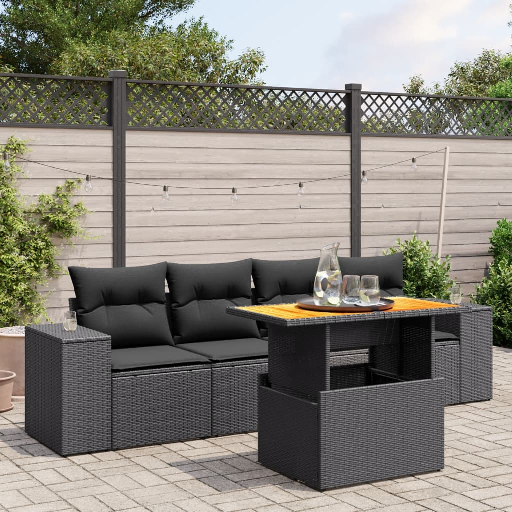 vidaXL 5-Piece Lounge Set with Cushions Poly Rattan Black