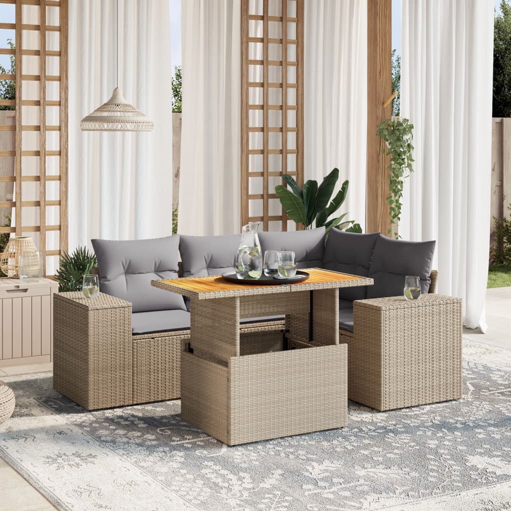 vidaXL 5-Piece Lounge Set with Cushions Poly Rattan Black