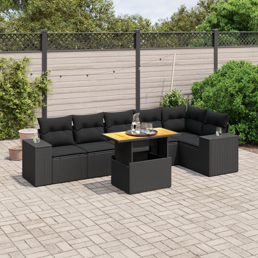 vidaXL 7-delige Loungeset met kussens poly rattan zwart