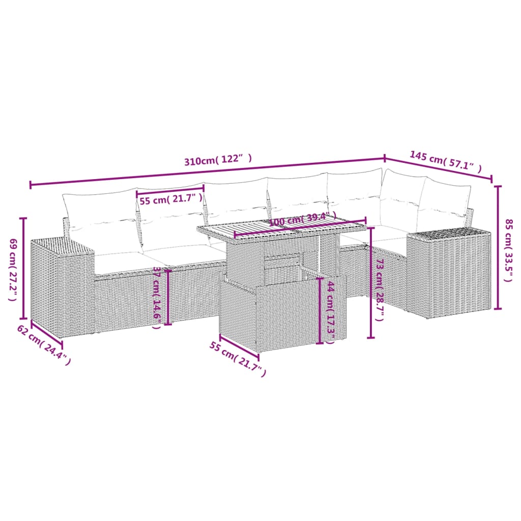 vidaXL 7-delige Loungeset met kussens poly rattan zwart