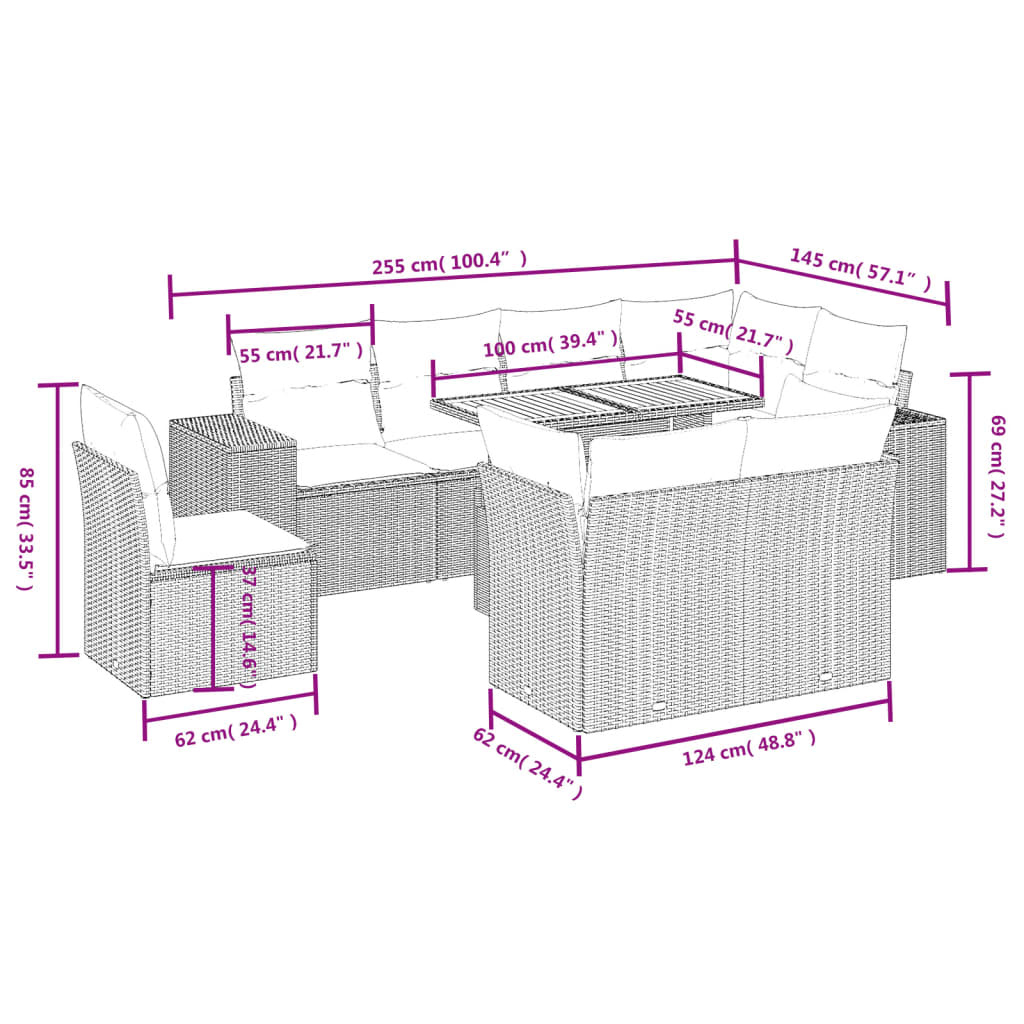 vidaXL 9-delige Loungeset met kussens poly rattan zwart
