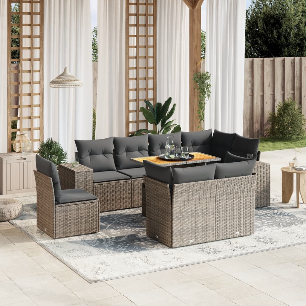 vidaXL 9-delige Loungeset met kussens poly rattan zwart