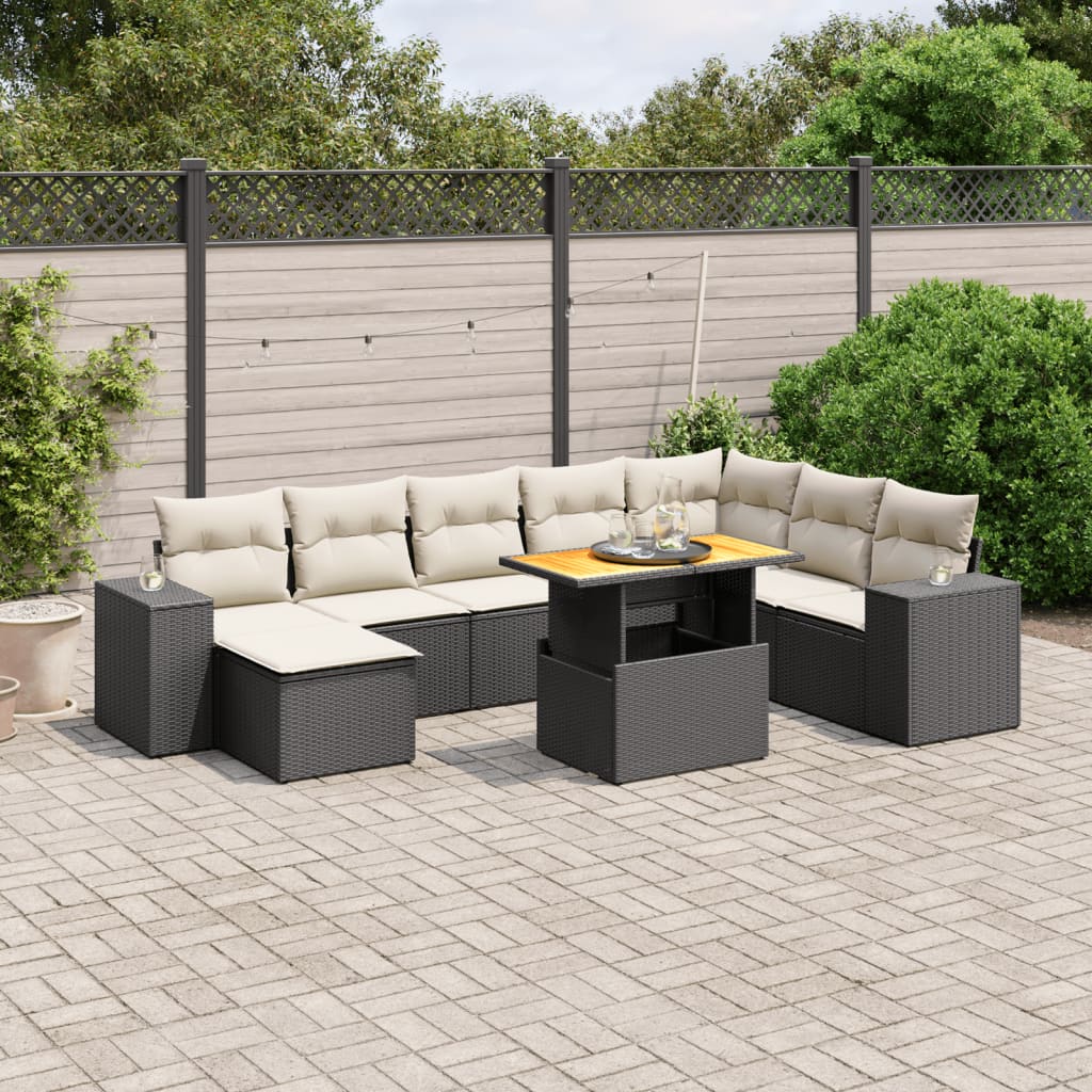 vidaXL 9-delige Loungeset met kussens poly rattan zwart