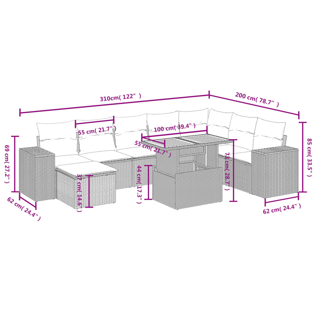 vidaXL 9-delige Loungeset met kussens poly rattan zwart