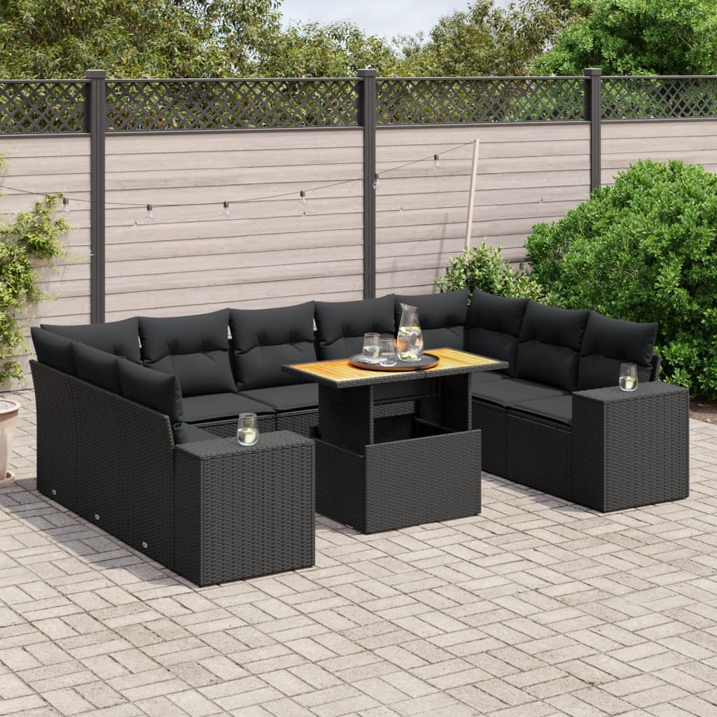 vidaXL 10-Piece Lounge Set with Cushions Poly Rattan Black