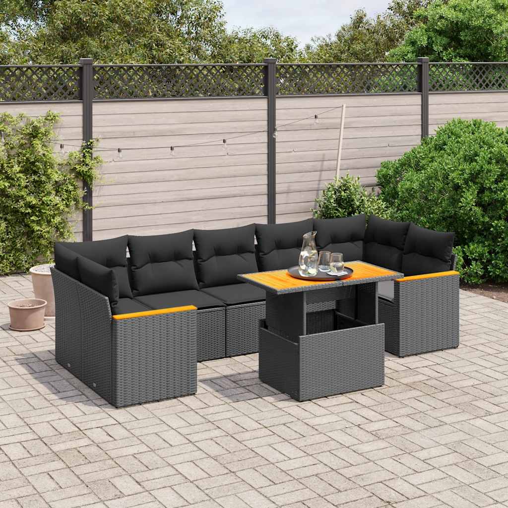 vidaXL 8-Piece Poly Rattan Lounge Set with Cushions Black