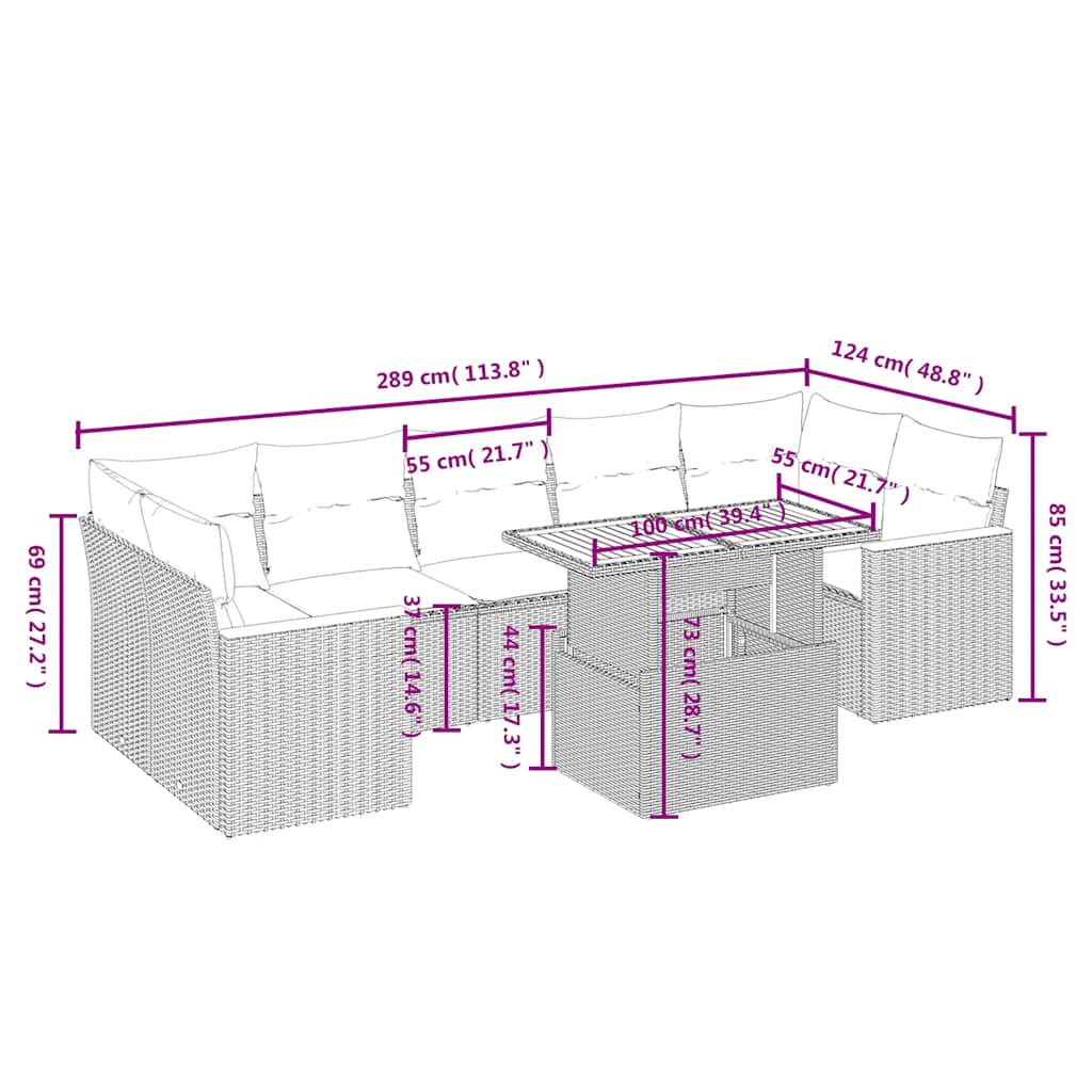 vidaXL 8-Piece Poly Rattan Lounge Set with Cushions Black