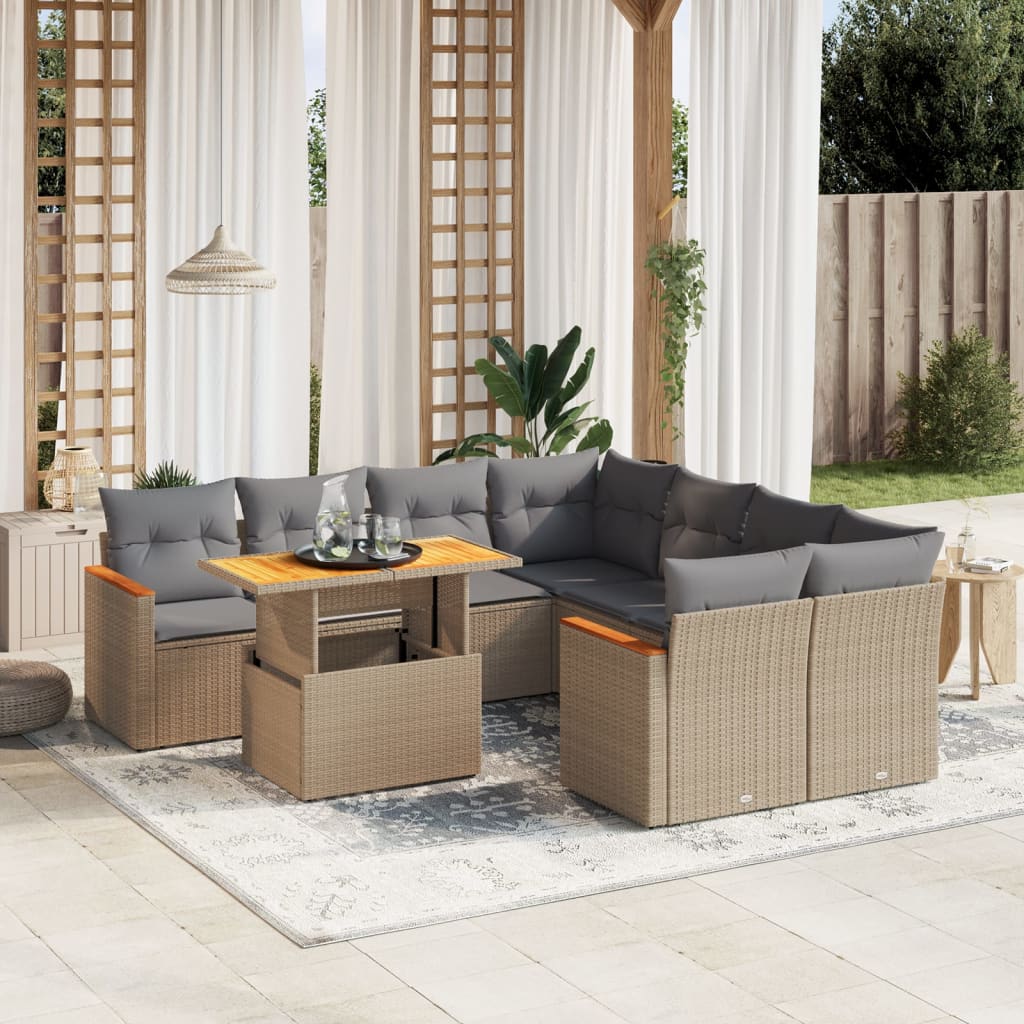 vidaXL 9-delige Loungeset met kussens poly rattan zwart