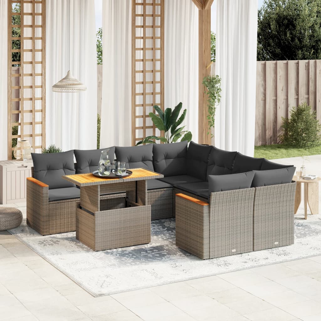 vidaXL 9-delige Loungeset met kussens poly rattan zwart