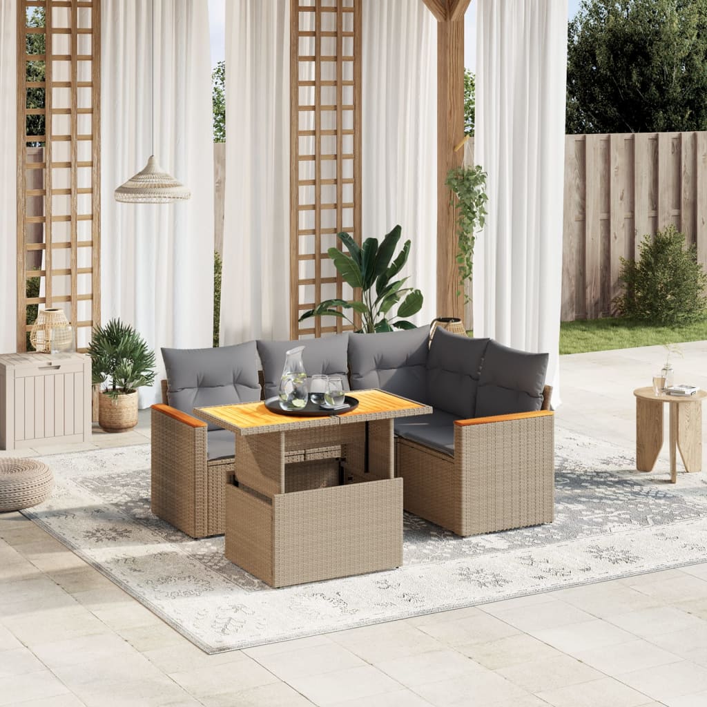 vidaXL 5-delige Loungeset met kussens poly rattan zwart