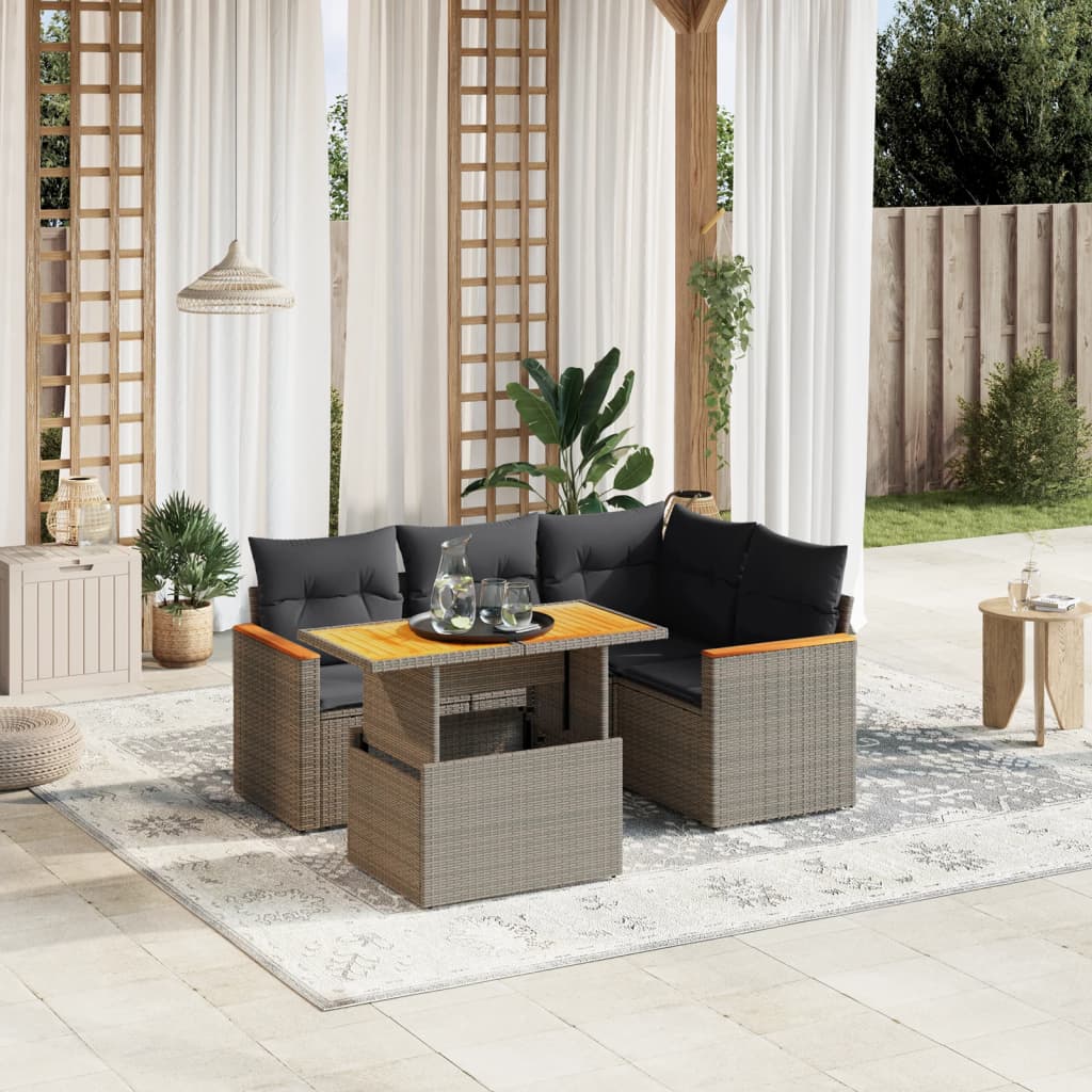vidaXL 5-delige Loungeset met kussens poly rattan zwart