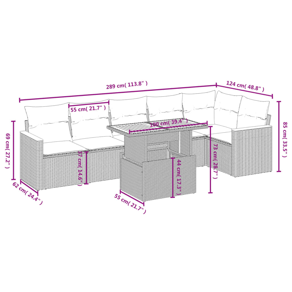 vidaXL 7-delige Loungeset met kussens poly rattan zwart