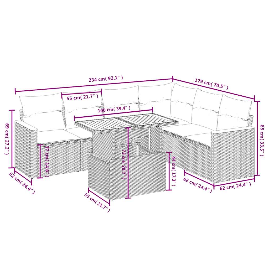 vidaXL 7-delige Loungeset met kussens poly rattan zwart