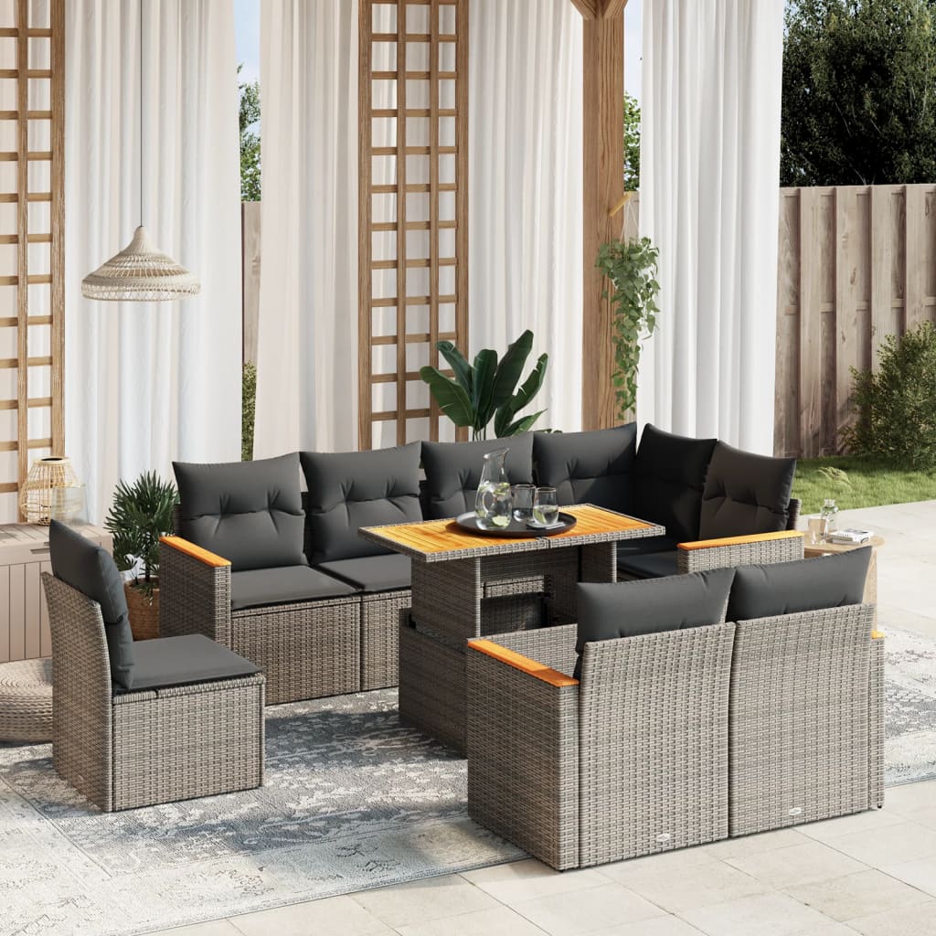 vidaXL 9-delige Loungeset met kussens poly rattan zwart