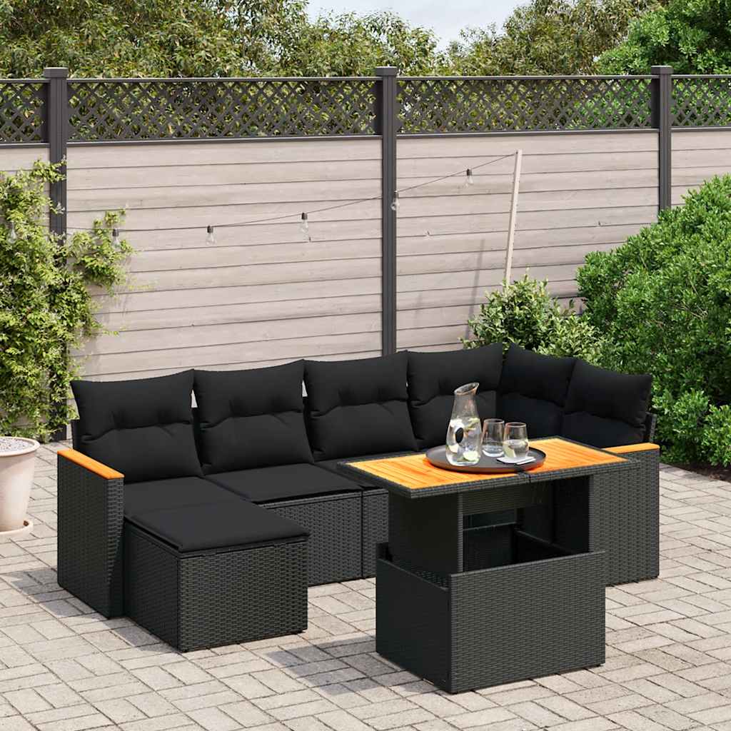 vidaXL 7-Piece Lounge Set with Cushions Poly Rattan Black