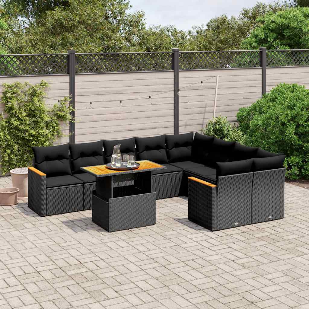 vidaXL 10-Piece Lounge Set with Cushions Poly Rattan Black