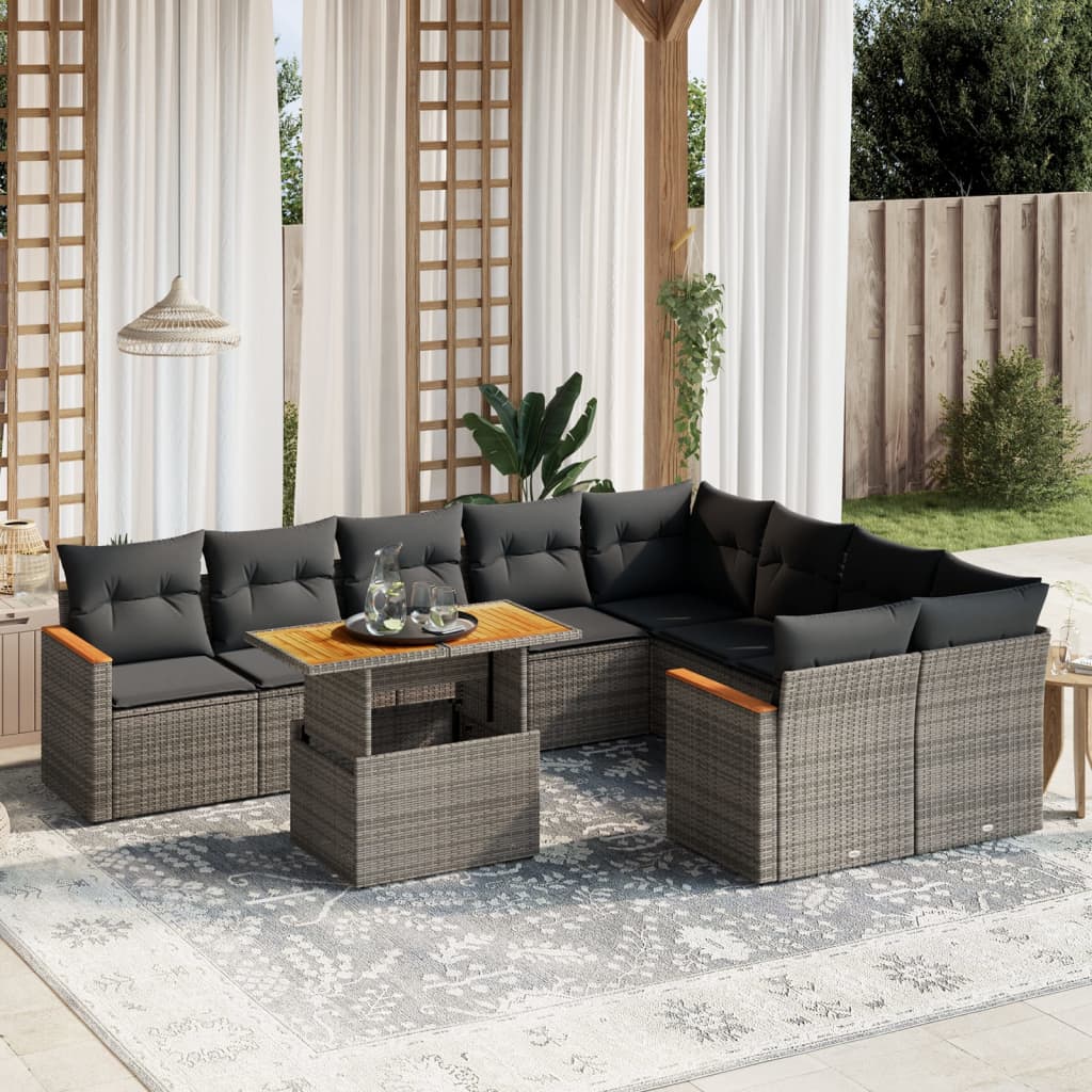 vidaXL 10-Piece Lounge Set with Cushions Poly Rattan Black