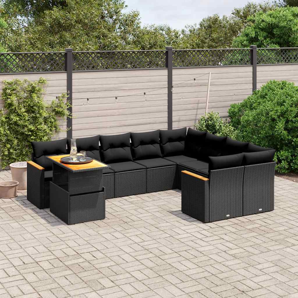 vidaXL 10-Piece Lounge Set with Cushions Poly Rattan Black