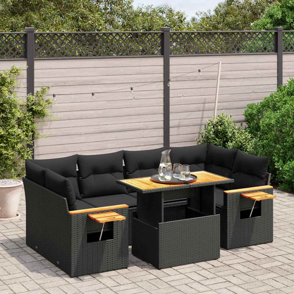vidaXL 7-delige Loungeset met kussens poly rattan zwart