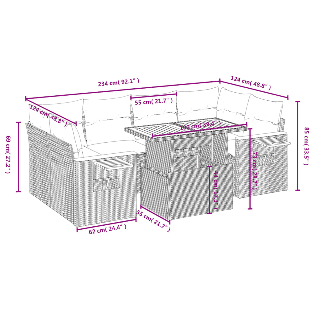 vidaXL 7-delige Loungeset met kussens poly rattan zwart