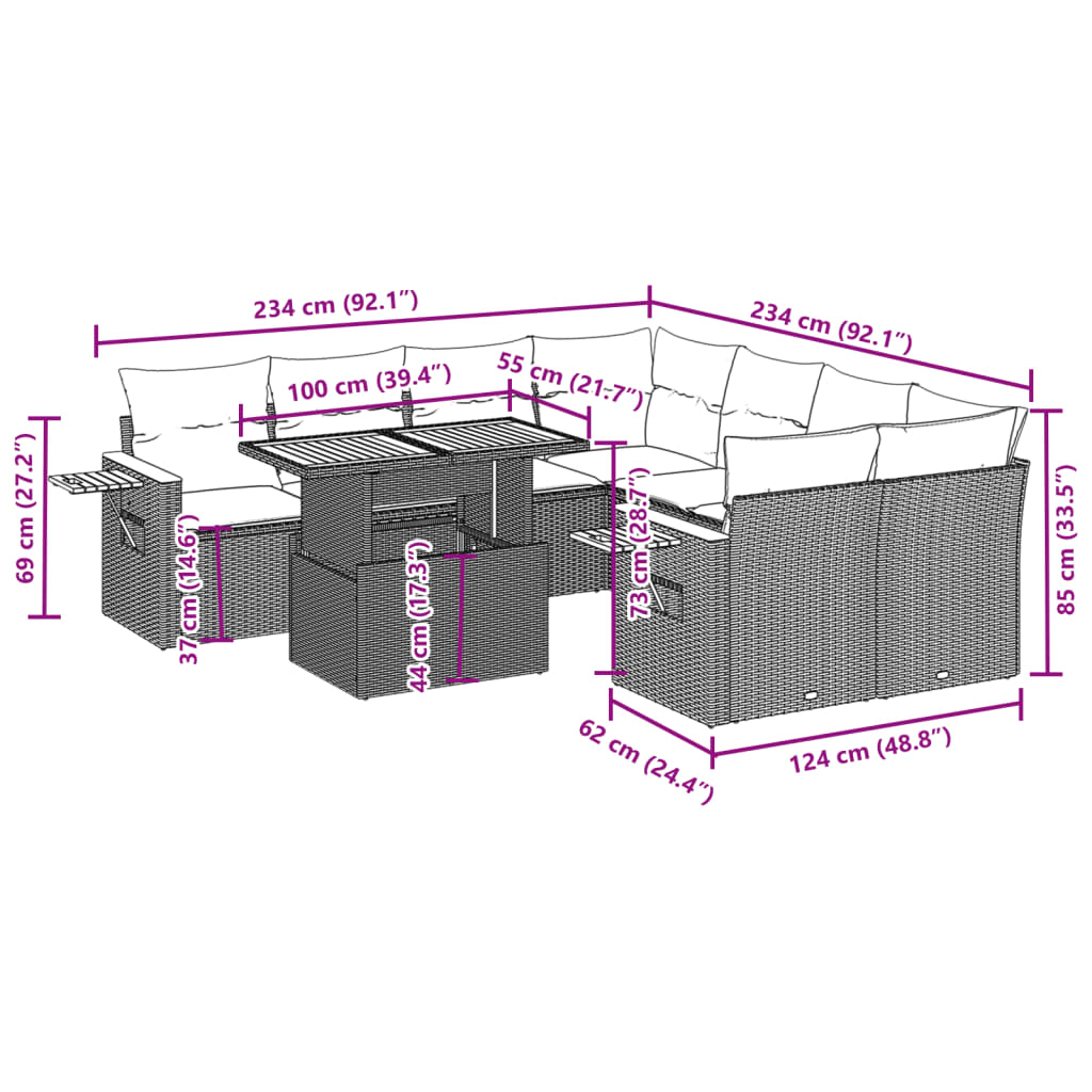 vidaXL 9-delige Loungeset met kussens poly rattan zwart
