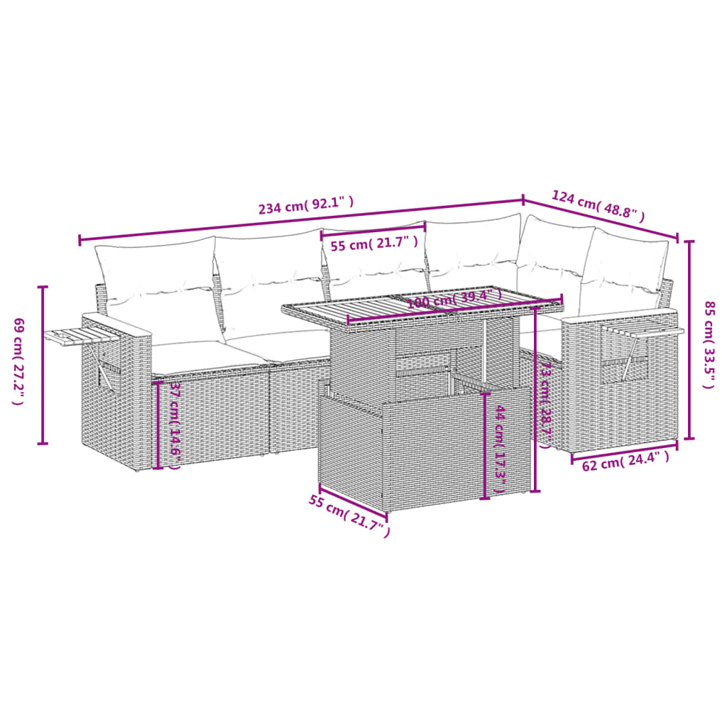 vidaXL 6-delige Loungeset met kussens poly rattan zwart