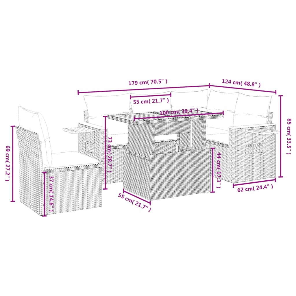 vidaXL 6-delige Loungeset met kussens poly rattan zwart