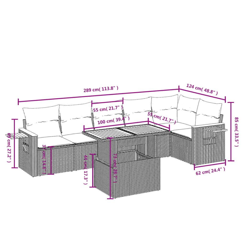 vidaXL 7-delige Loungeset met kussens poly rattan zwart