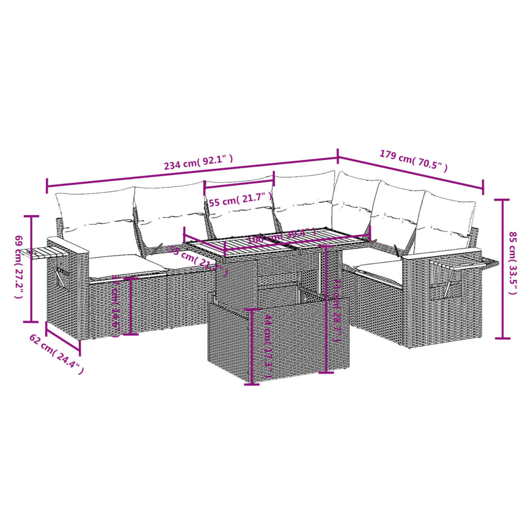 vidaXL 7-delige Loungeset met kussens poly rattan zwart