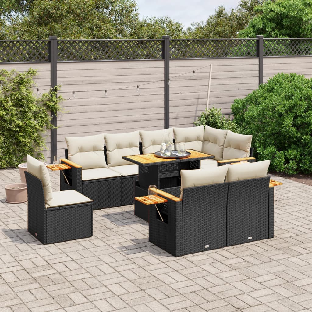 vidaXL 9-piece Poly Rattan Lounge Set with Cushions Black