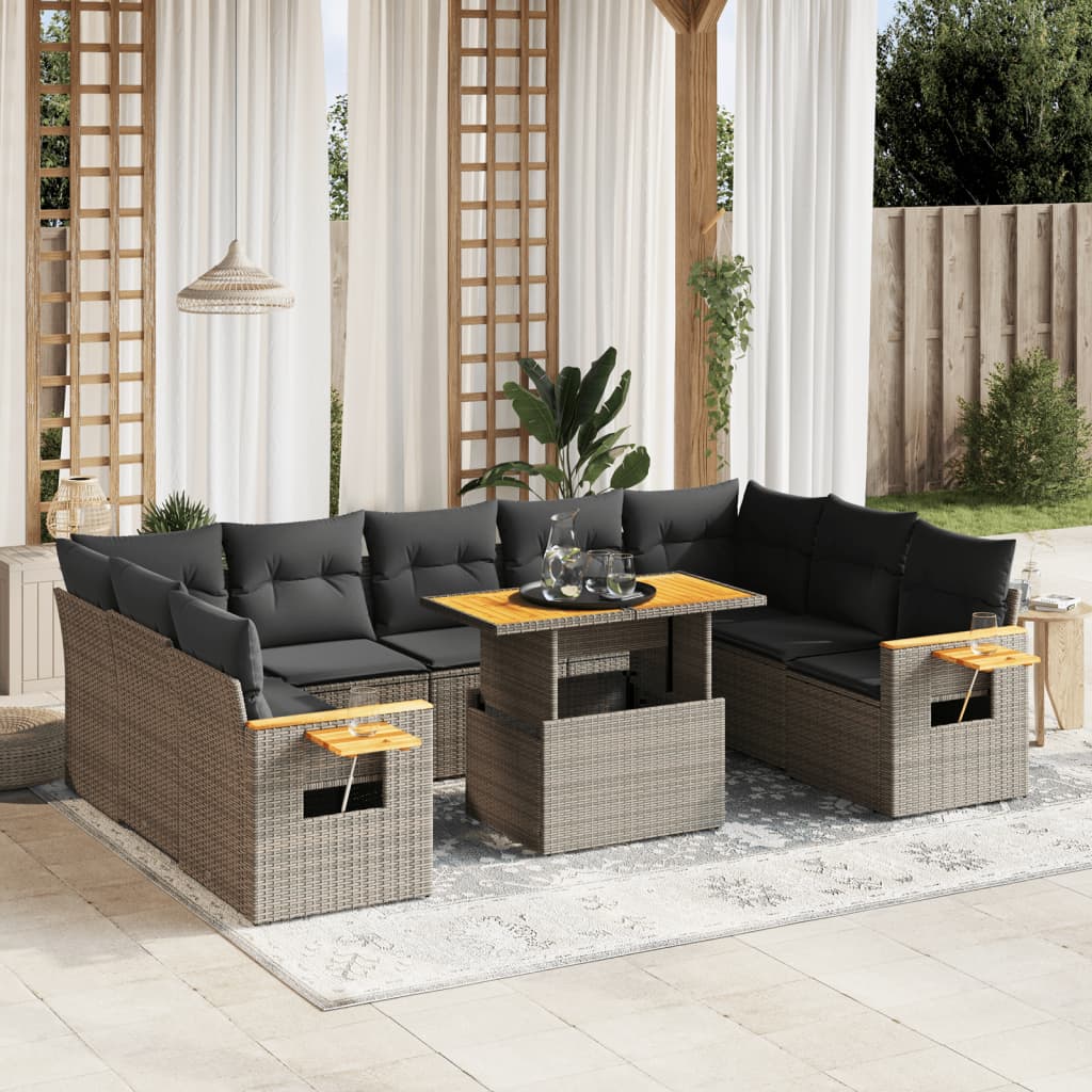 vidaXL 10-delige Loungeset met kussens poly rattan zwart