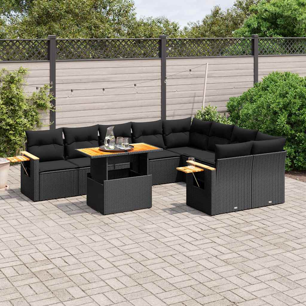 vidaXL 10-Piece Lounge Set with Cushions Poly Rattan Black