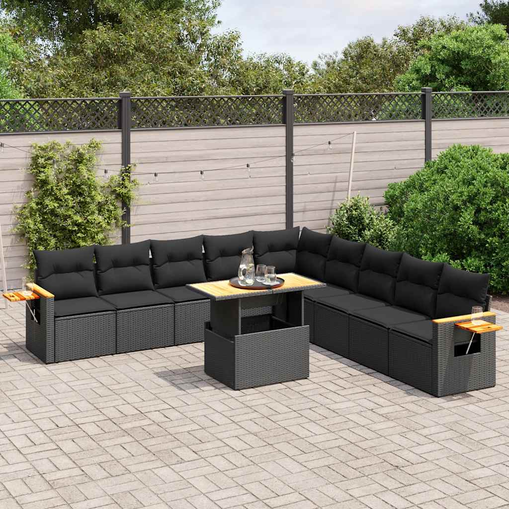 vidaXL 11-Piece Lounge Set with Cushions Poly Rattan Black