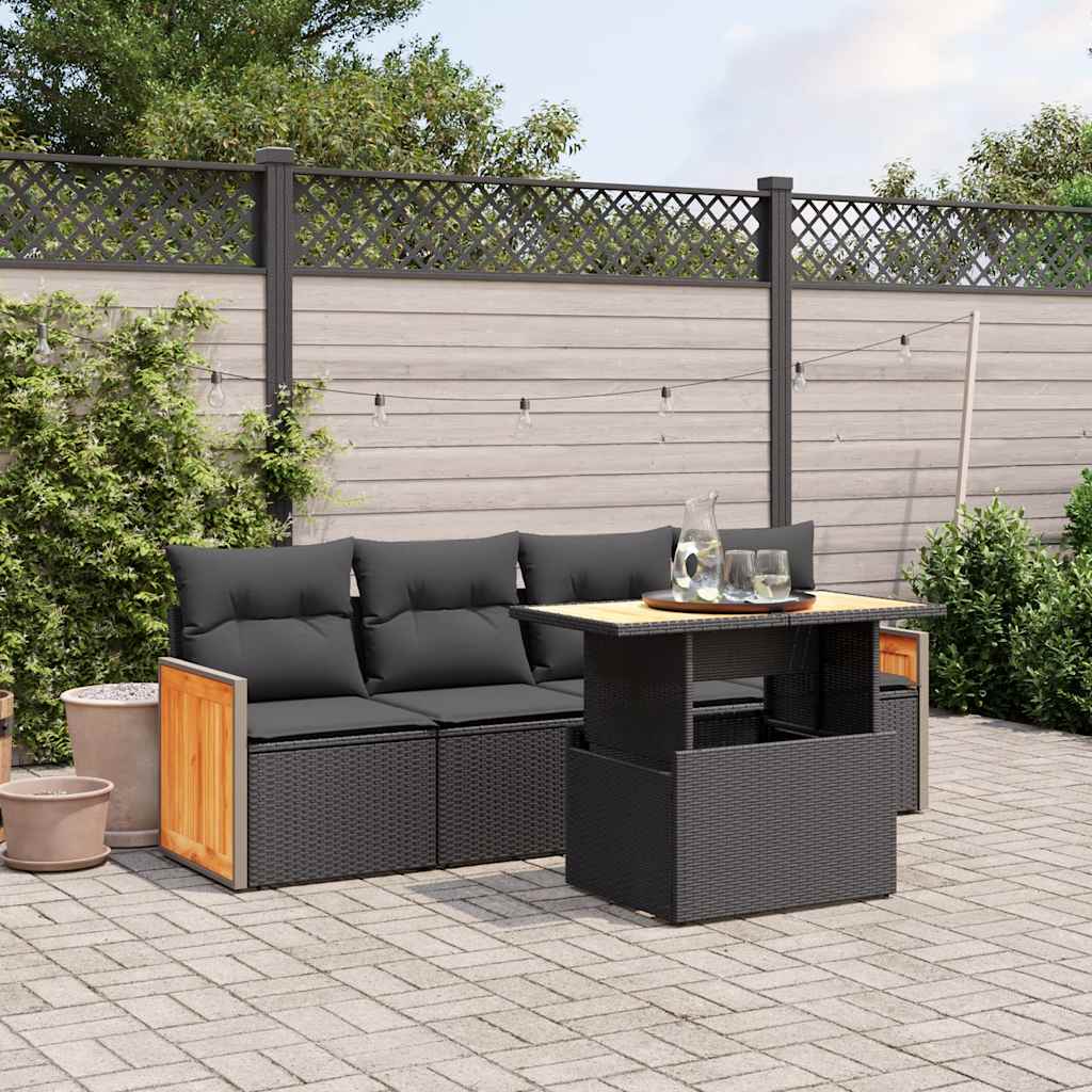 vidaXL 5-delige Loungeset met kussens poly rattan zwart