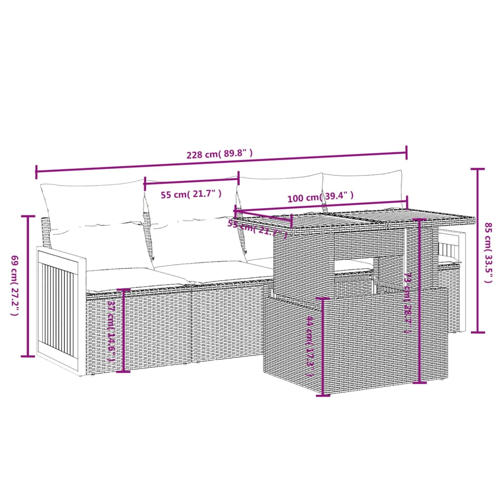 vidaXL 5-delige Loungeset met kussens poly rattan zwart