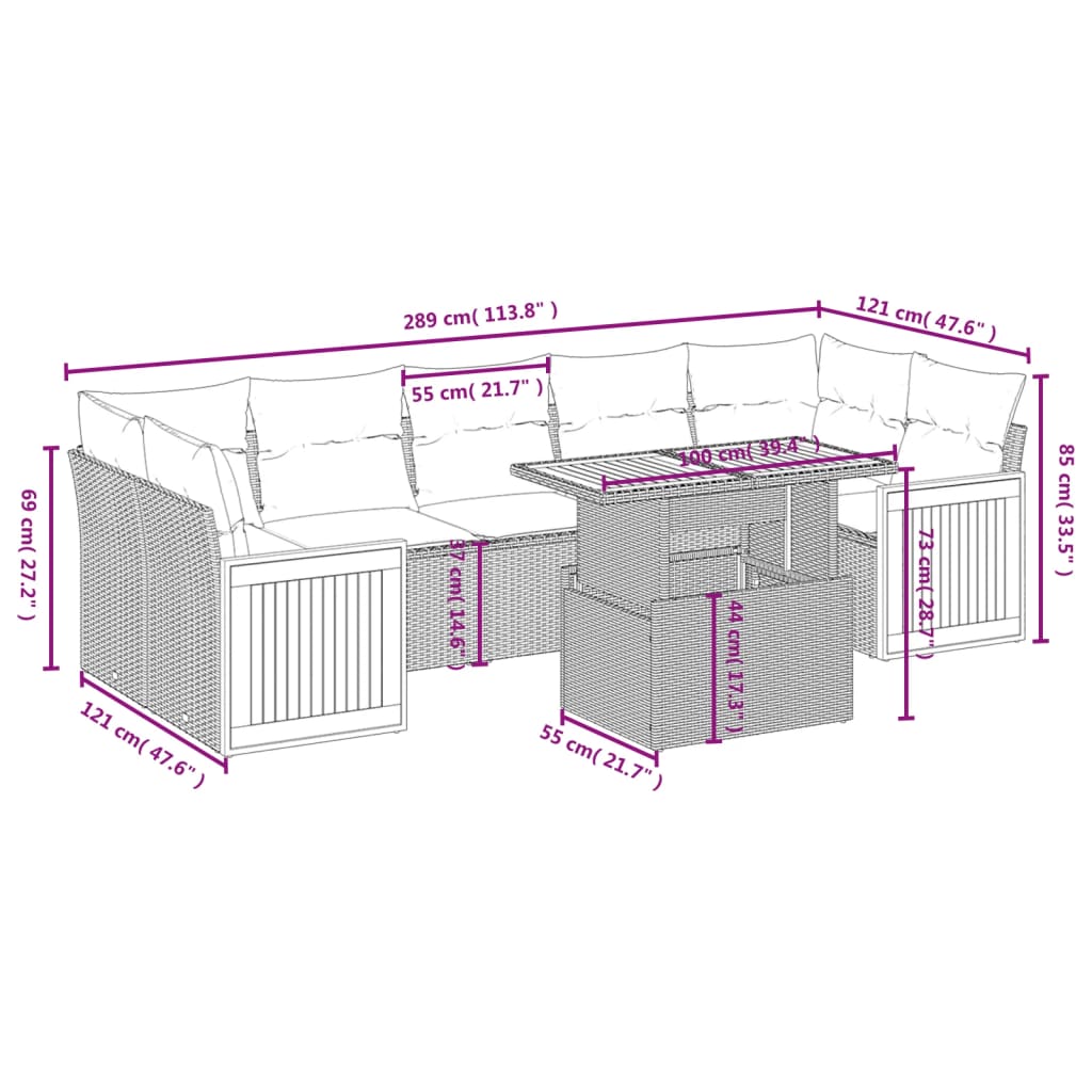 vidaXL 8-delige Loungeset met kussens poly rattan zwart