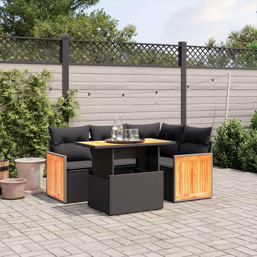 vidaXL 5-delige Loungeset met kussens poly rattan zwart