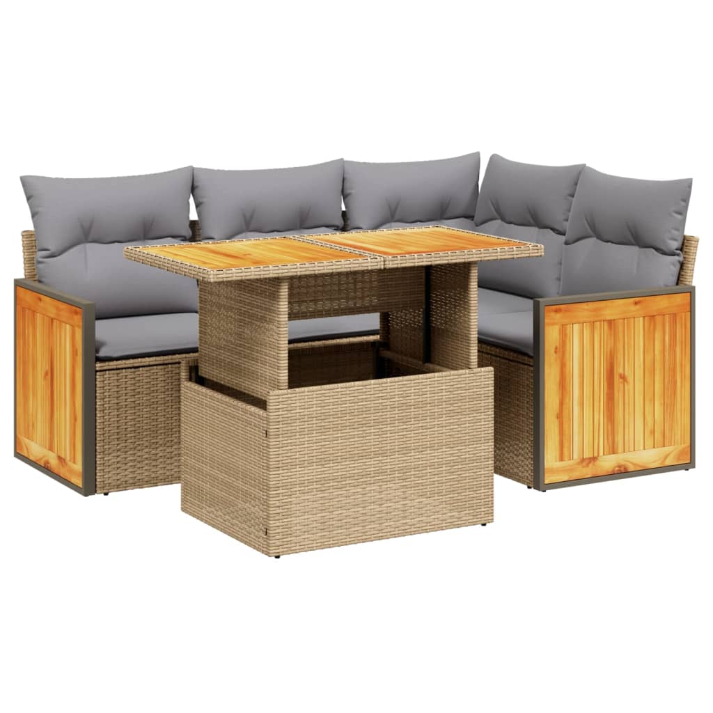 vidaXL 5-delige Loungeset met kussens poly rattan zwart