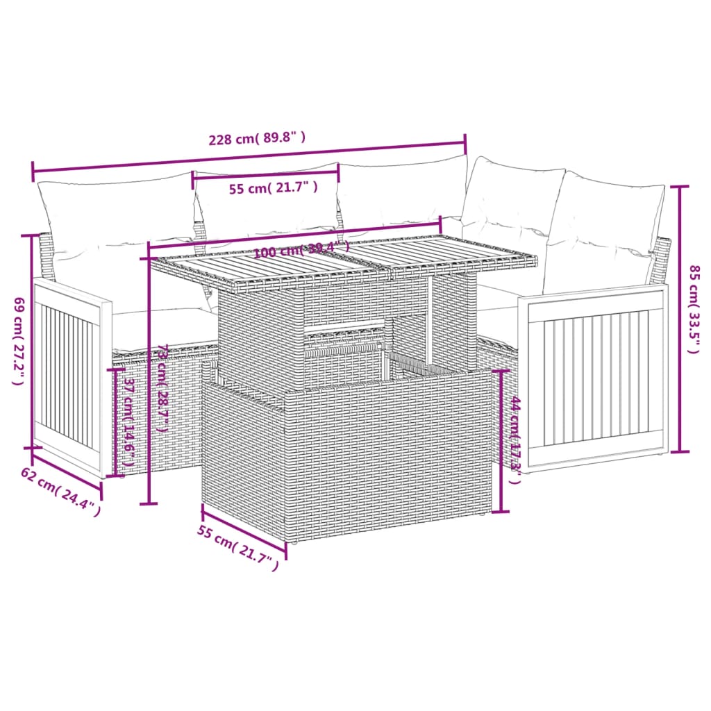vidaXL 5-delige Loungeset met kussens poly rattan zwart