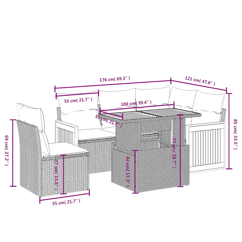 vidaXL 6-delige Loungeset met kussens poly rattan zwart