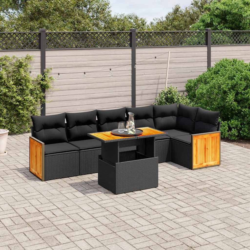 vidaXL 7-Piece Lounge Set with Cushions Poly Rattan Black