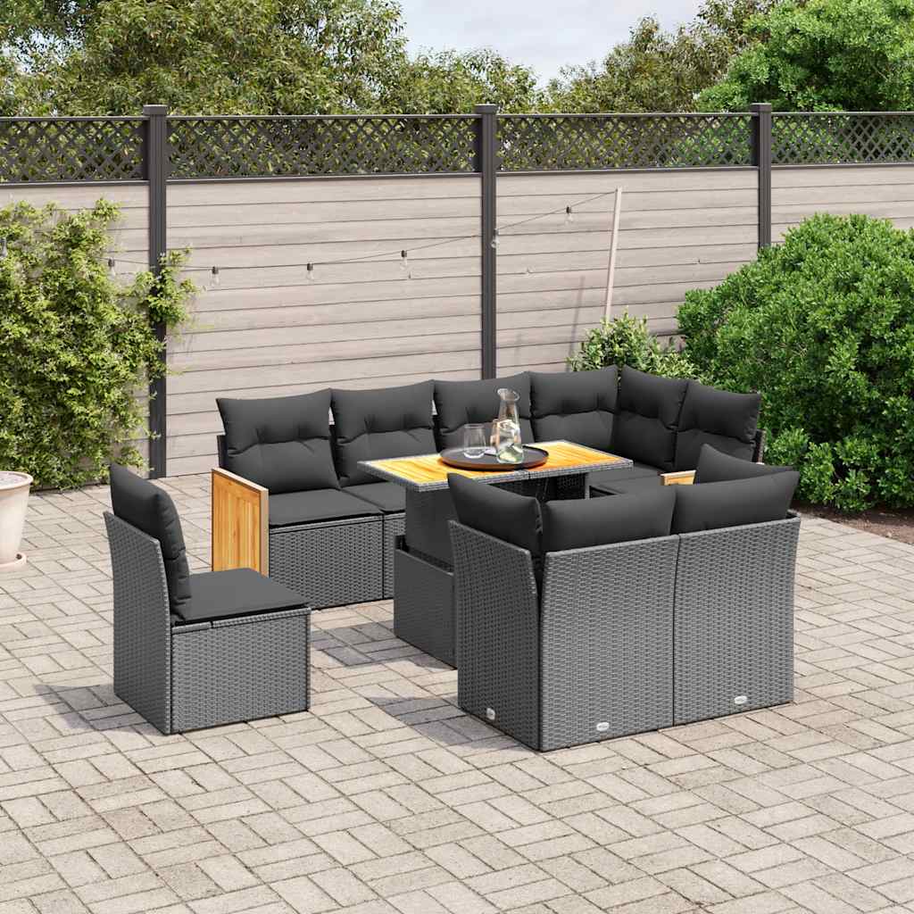 vidaXL 9-piece Poly Rattan Lounge Set with Cushions Black