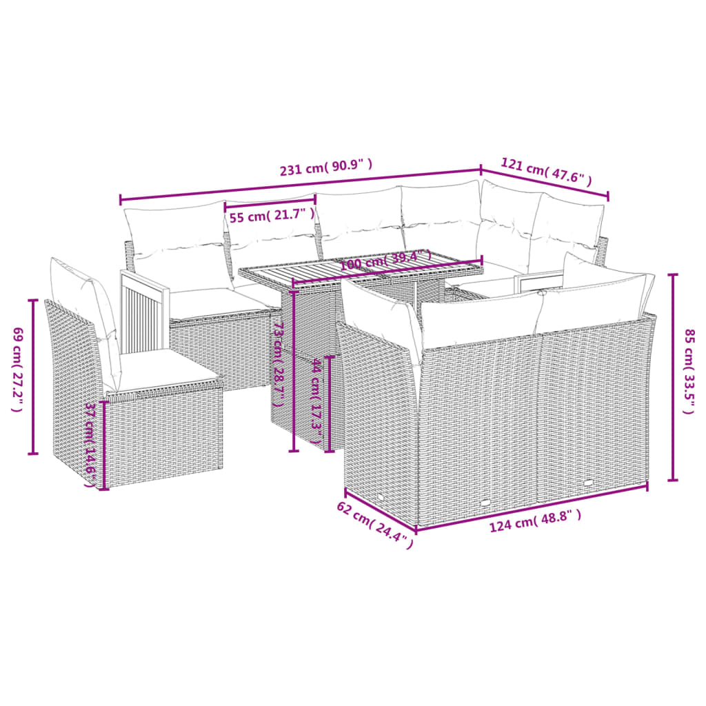 vidaXL 9-piece Poly Rattan Lounge Set with Cushions Black