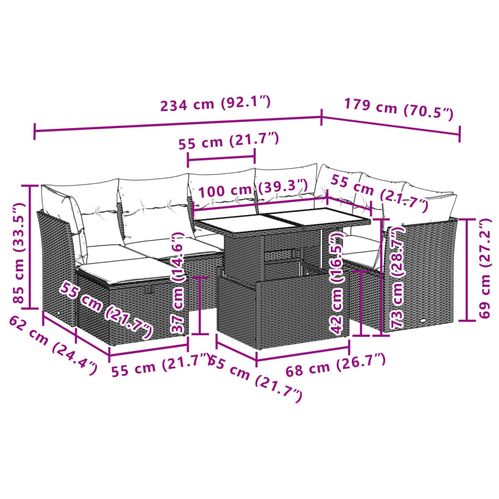 vidaXL 8-delige Loungeset met kussens poly rattan zwart