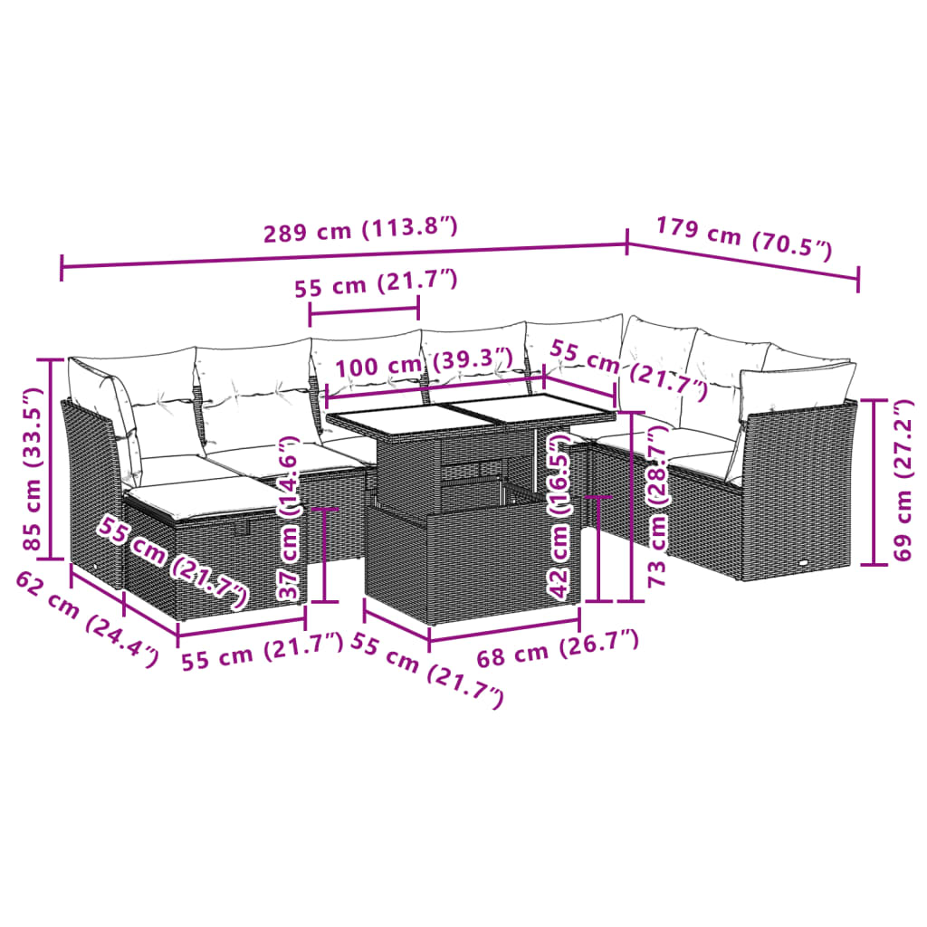 vidaXL 9-delige Loungeset met kussens poly rattan zwart