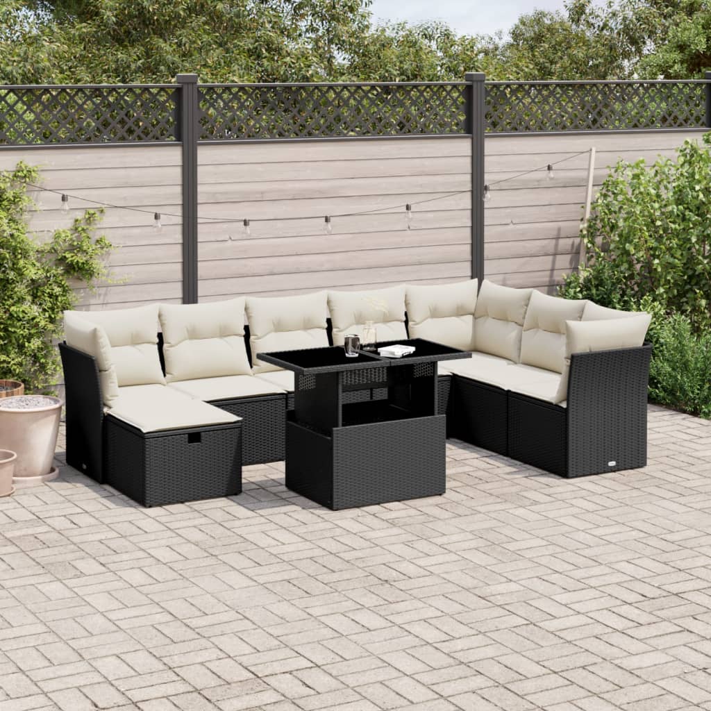vidaXL 9-delige Loungeset met kussens poly rattan zwart